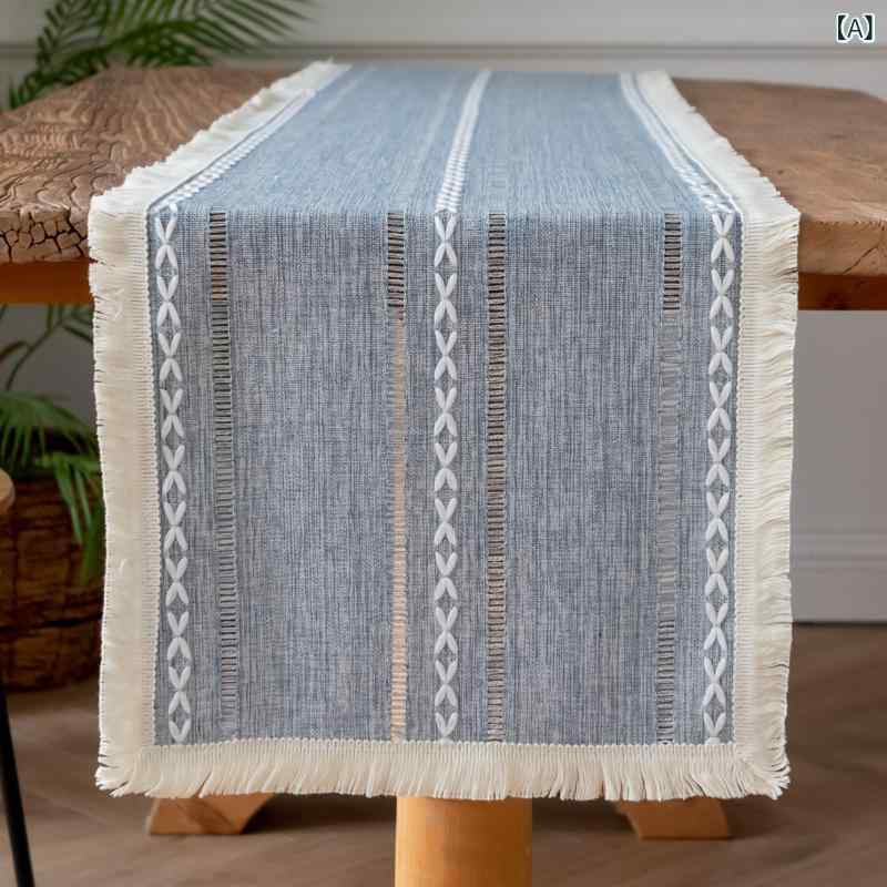 テーブルランナー 交差模様 フリンジ タッセル 北欧風 レトロ調 アンティーク風 カフェ風 ダイニングテーブル 食卓 リビング 寝室 店舗装飾 お洒落 インテリア ポリエステル製 ブルー イエロー ピンク