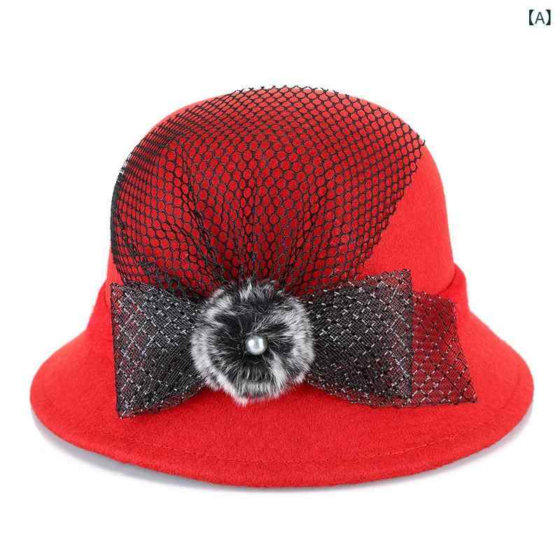 ハット レディース 秋冬 ウール フェルト 韓国風 広つば ラウンドトップ フラワーモチーフ リボン エレガント 上品 高級感 暖かい 保温 防寒 快適 お洒落 ブラック ワインレッド(4.0)