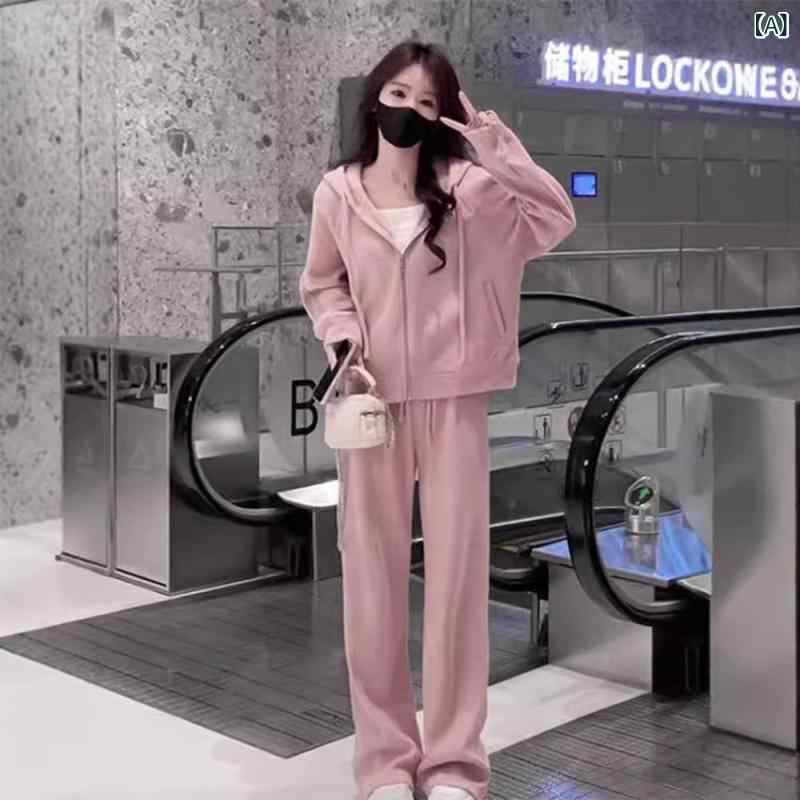 セットアップ レディース フード付きパーカー スウェット ジップアップ ワイドパンツ ロングパンツ 綿混 ゆったり ルーズ カジュアル 無地 韓国風 ルームウェア 普段使い 春秋