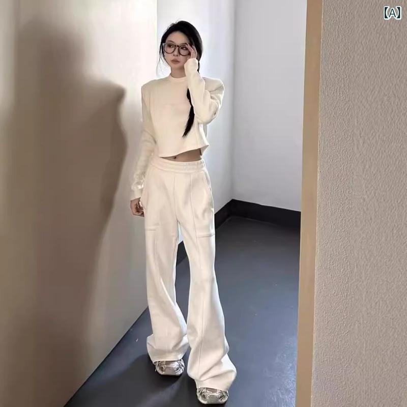 カジュアル セットアップ レディース 春秋 高級感 スポーツ ルームウェア 普段使い 裏起毛 ショート丈 パーカー 長袖 ゆったり ワイドパンツ 綿 オフホワイト 着痩せ 2点セット