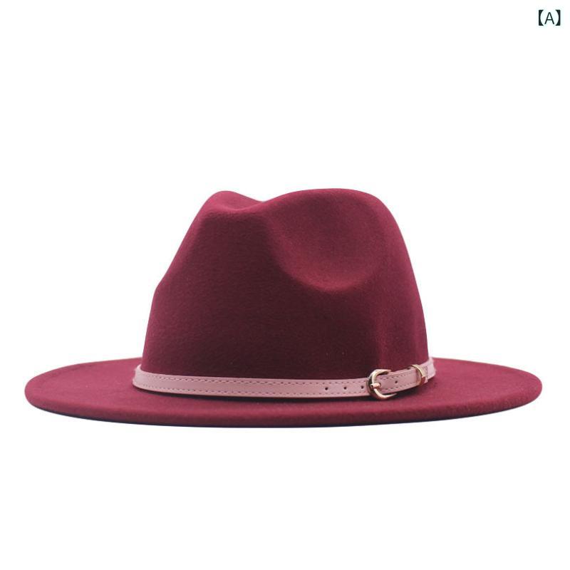 帽子 レディース ベルト飾り ジャズハット つば広 無地 フェルトハット 秋冬 保温 防風 日よけ ブラッ..