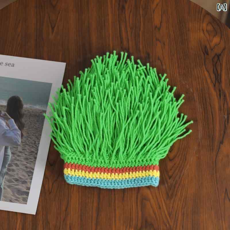 ニット帽 手編み かぎ針編み 個性派 ユニーク デザイン ヒップホップ ストリート ドレッドヘア風 グリーン ウィッグキャップ アクリル 保温 防風 秋冬春(4.0)