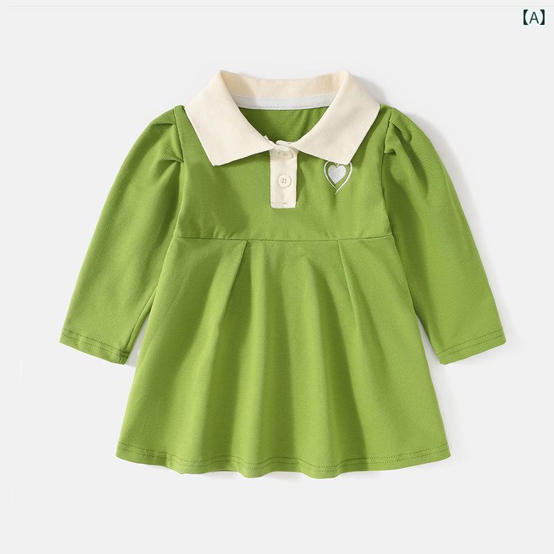 ワンピース 女の子 女児 キッズ ベビー 長袖 プリンセスドレス 無地 春秋 綿 カジュアル かわいい おしゃれ お出かけ 普段使い グリーン アプリコット