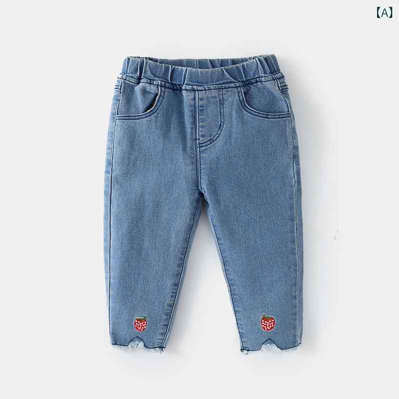 デニムパンツ ベビー キッズ 女の子 春秋 いちご刺繍 フリンジ 綿 コットン ロングパンツ ジーンズ 韓国風 おしゃれ 無地 おむつ対応 普段使い カジュアル 青系 ズボン