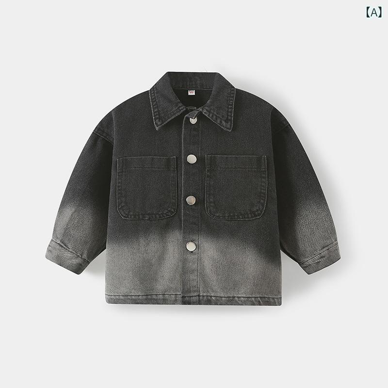 ジャケット 男の子 男児用 韓国風 グラデーション デニム 薄手 襟付き 春秋 カジュアル スタイリッシュ ポリエステル素材 シングルブレスト フードなし キャラクター柄 黒 普段使い お出かけ 着回し