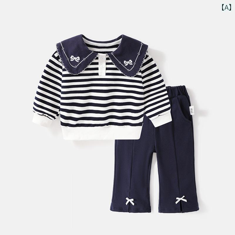 Other - ベビー服 キッズ 女の子 ストライプ 学院風 セットアップ 2点セット 長袖 パンツ 綿 春秋 秋冬 カジュアル おしゃれ