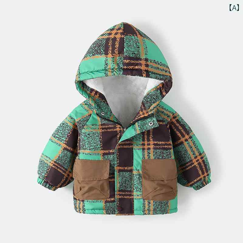 アウター 男の子 キッズ 子供 フード付き 中綿ジャケット 裏起毛 厚手 韓国風 おしゃれ 緑 チェック柄 カジュアル 冬 暖かい 防寒