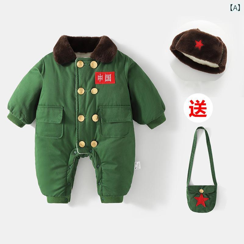 ロンパース ベビー 冬用 裏起毛 保温 防寒 フード付き ミリタリーデザイン 中綿入り 厚手 カバーオール..