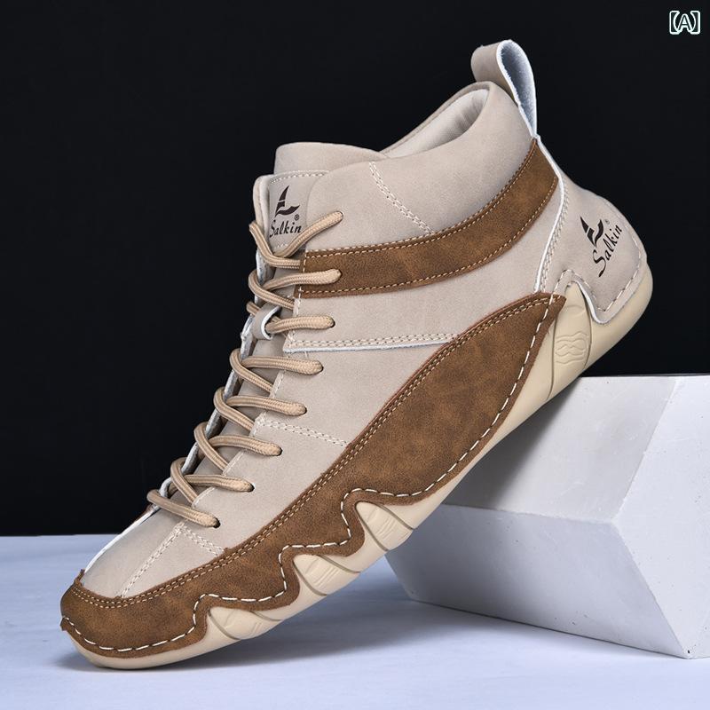 ショートブーツ メンズ 男性用 ハイカット ブーツ 切り替え レースアップ PUレザー 合成皮革 ラウンドトゥ フラットヒール ラバーソール カジュアル デイリーユース 普段使い スタイリッシュ おしゃれ ステッチ