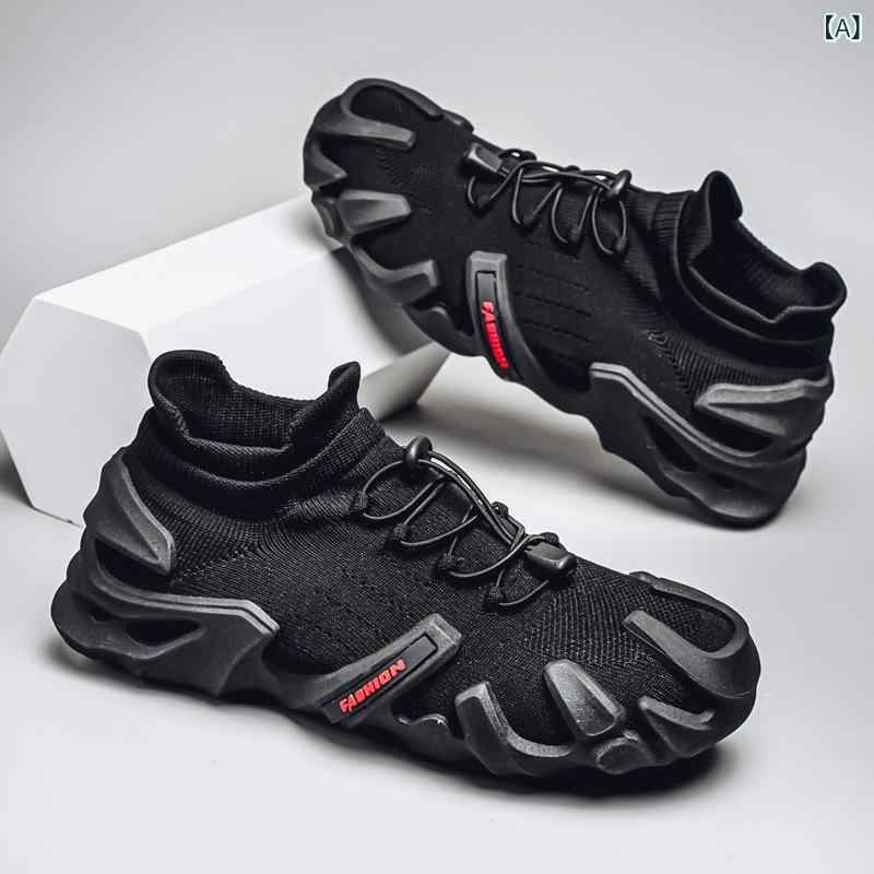 スニーカー メンズ 男性用 通気性 軽量 ソフトソール 厚底 スリッポン フライニット メッシュアッパー スポーツ カジュアル 春夏 ブラック ベージュ カーキ