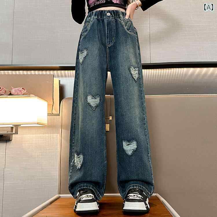 パンツ 女の子 キッズ デニム ジーンズ ストレート ワイド ガウチョ ゆったり ルーズフィット 春秋 綿 ..