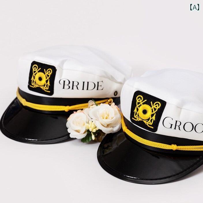 帽子 ブライド グルーム 白黒 モノクローム マリンキャップ つば広ハット フォーマルハット 結婚式 ウェディングパーティー 新婦 ブライズメイド 独身パーティー イベント 記念日 フォトウェディング