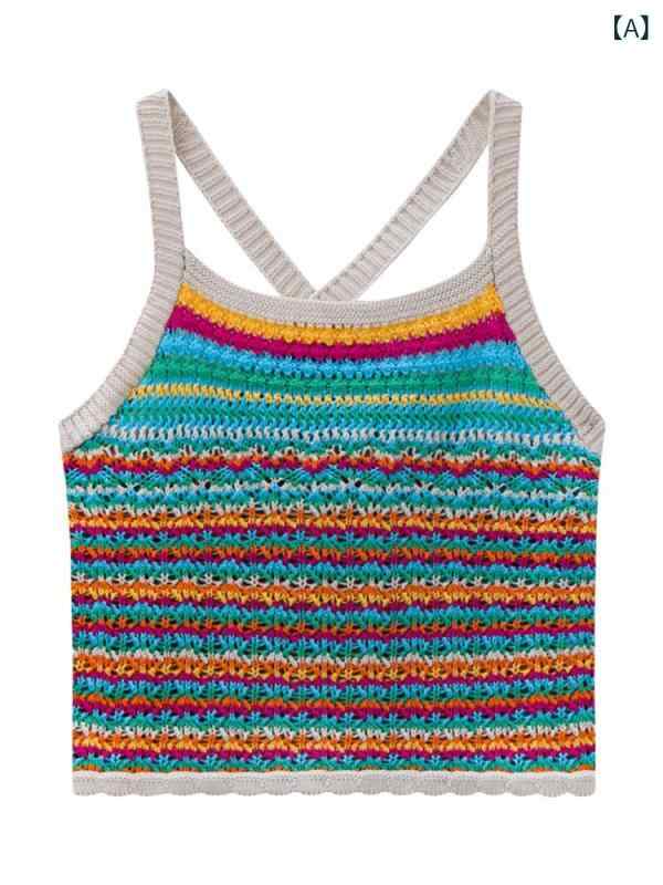 アンサンブル レディース 秋冬 レインボー ニット キャミソール ショート丈 半袖Tシャツ カーディガン ..