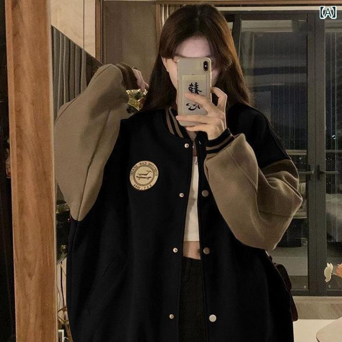 スウェット レディース 秋冬 裏起毛 厚手 ゆったり ルーズ カジュアル レトロ ヴィンテージ 野球 ブルゾン 前開き 長袖 クルーネック 切り替え ストリート アウター