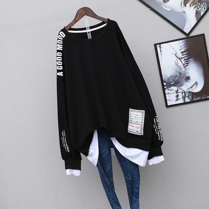 トップス レディース トレーナー 長袖 フェイクレイヤード 重ね着風 ゆったり オーバーサイズ 韓国ファ..