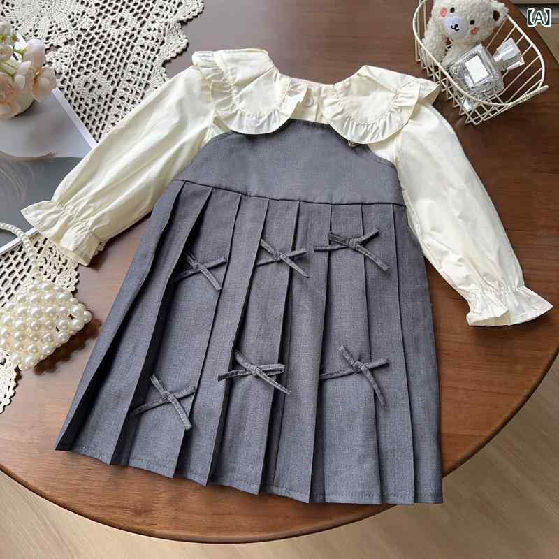 スカートセット 女の子 学院風 スクール風 プリーツ ジャンパースカート サロペット ドールカラー ブラウス 付け襟 2点セット ツーピース ポリエステル グレー 春秋 通学 お出かけ カジュアル 上品