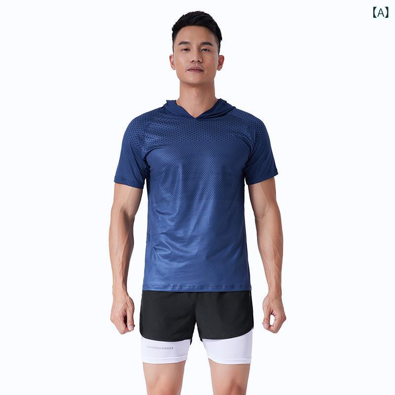 Tシャツ メンズ 男性用 吸湿速乾 伸縮性 通気性 半袖 フード付き スポーツ ランニング フィットネス ト..