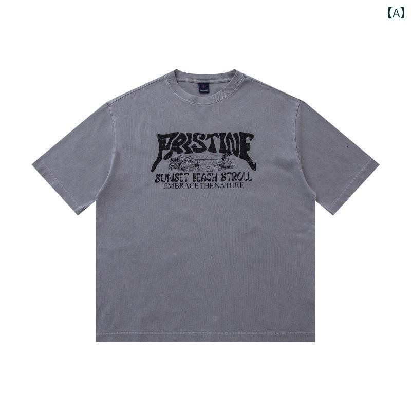 Rakuten - Tシャツ メンズ アメリカンレトロ アメカジ レタープリント ロゴプリント ヘビーウェイト クルーネック 半袖 ビッグシルエット ルーズフィット コットン 綿 通気性 普段使い ストリートファッション 夏