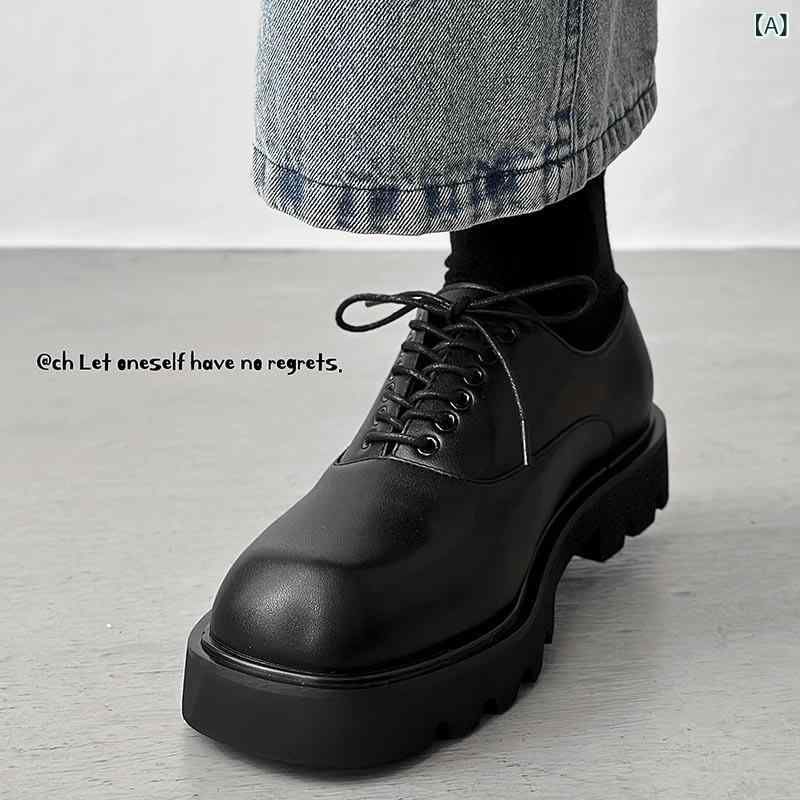 革靴 メンズ スクエアトゥ 高級感 厚底 合成皮革 カジュアル 普段使い ブラック ダービーシューズ シークレットヒール 脚長効果 韓国ファッション 個性的 デザイン