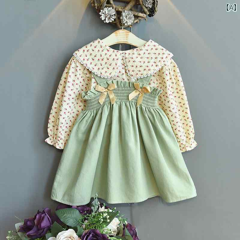 ジャンパースカート 女の子 子供用 サロペット セットアップ 春夏 韓国風 カジュアル おしゃれ かわいい 花柄 フラワー 綿 コットン グリーン 緑 長袖 ツーピース 2点セット