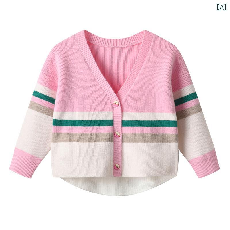 ・カテゴリ: 子供用カーディガン・性別: 女の子・対象年齢層: 中小児（3～8歳）・スタイル: 韓国・生地: ニット・主な素材: アクリル24.4%・生地加工: 柔軟加工・厚さ: 厚手・毛糸の太さ: 普通・袖丈: 長袖・ネックライン: Vネック・フード: なし・開閉タイプ: シングルブレスト・柄: ストライプ・カラー展開: ピンク、ベージュ・サイズ展開: 90cm、100cm、110cm、120cm、130cm、140cm・規格: B類