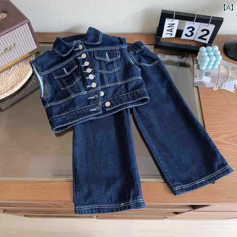 セットアップ キッズ ガールズ デニム素材 ベスト ジレ パンツ ズボン 2点セット ツーピース 春秋 カジュアル おしゃれ かわいい ブルー 青 お出かけ 普段使い コットン 綿