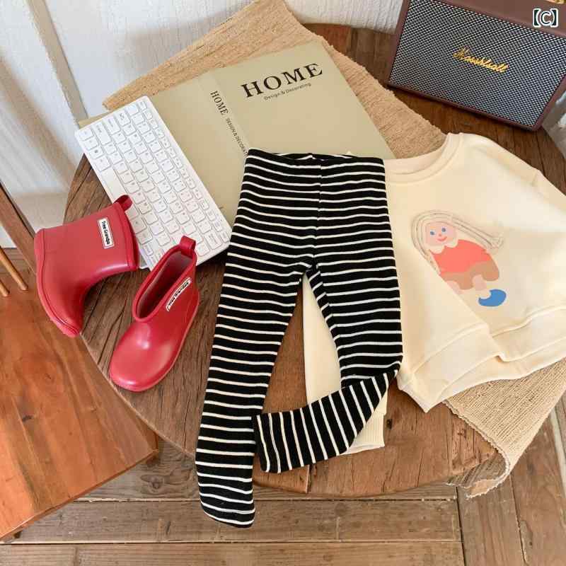 パンツ 女の子 キッズ ベビー 秋冬 裏起毛 ストレッチ 暖か 綿混 ボーダー ストラ...