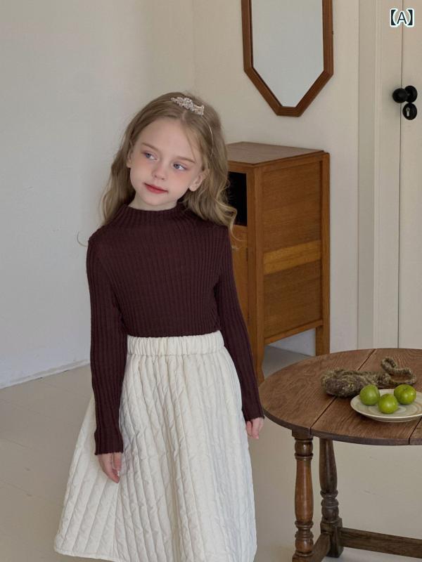 ニット 女の子 モックネック 綿 厚手 やわらか肌触り 暖かい もっちり チョコレート色 長袖 無地 秋冬 キッズ 普段使い トップス