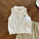 キッズ 女の子 ニットセットアップ ノースリーブ ポロニット 襟付きトップス ミニスカート ショートスカート スクール風 韓国ファッション 綿 コットン 柔らか...