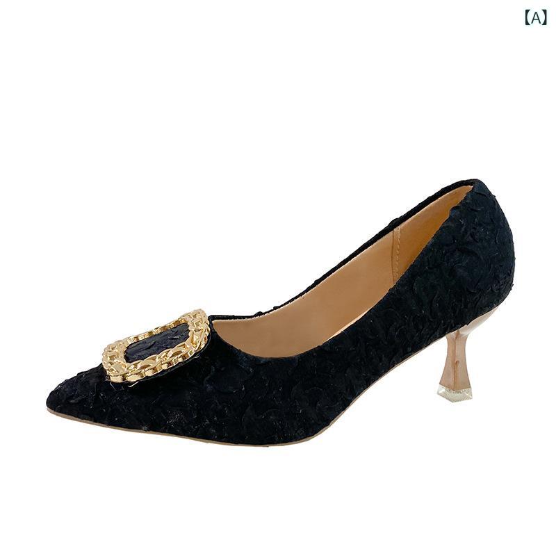 パンプス レディース ポインテッドトゥ 細ヒール エレガント スクエアバックル 浅口 プリーツ加工 きれ..