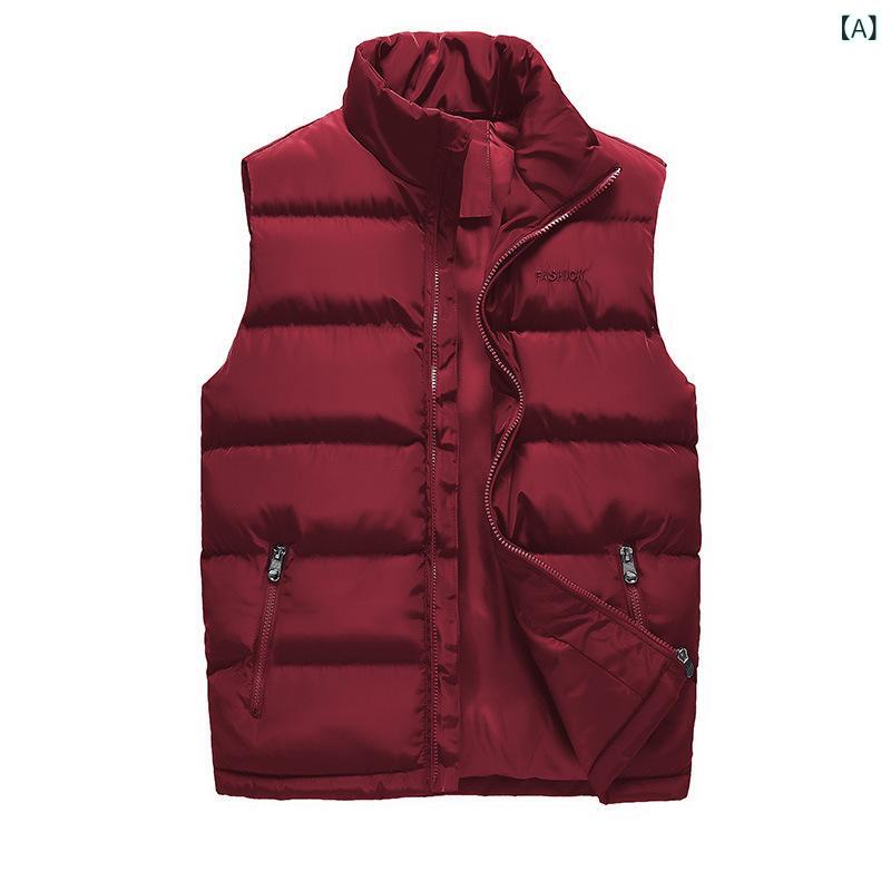 ベスト メンズ 秋冬 中綿 保温 防寒 スリム スタンドカラー ジップアップ 厚手 無地 韓国 カジュアル アウター 重ね着 ノースリーブ