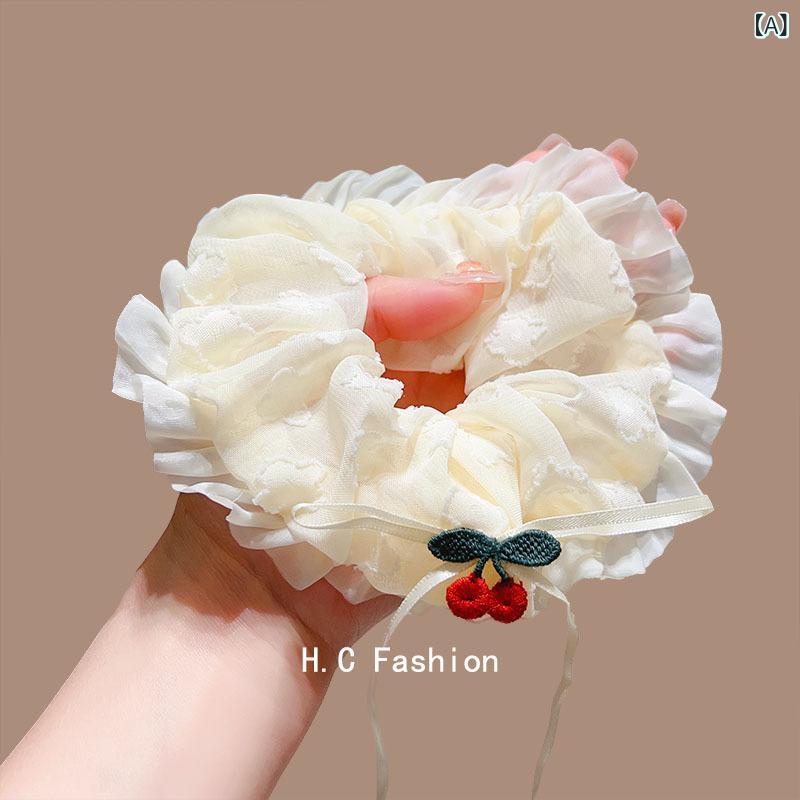 ヘアアクセサリー レディース シュシュ サクランボ レース クリームホワイト 韓国 高級感 お団子ヘア ビッグサイズ 清楚 かわいい 普段使い 髪飾り