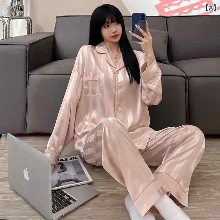 パジャマ レディース 春夏秋冬 接触冷感 再生繊維 ポリエステル ストライプ ジャカード織り 高級感 薄手 襟付き 長袖 長ズボン ゆったり 大きいサイズ 韓国風 ルームウェア 部屋着 セットアップ