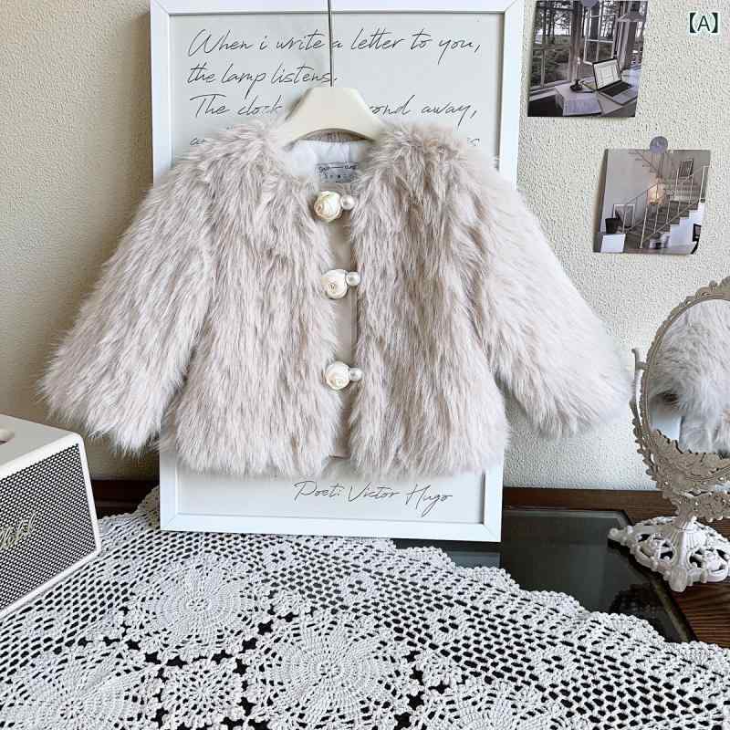 コート キッズ 女の子 子供服 冬物 レトロ 花柄 もこもこ ファー アウター 暖かい 防寒着 おしゃれ かわいい カジュアル 上品 ポリエステル カーキ