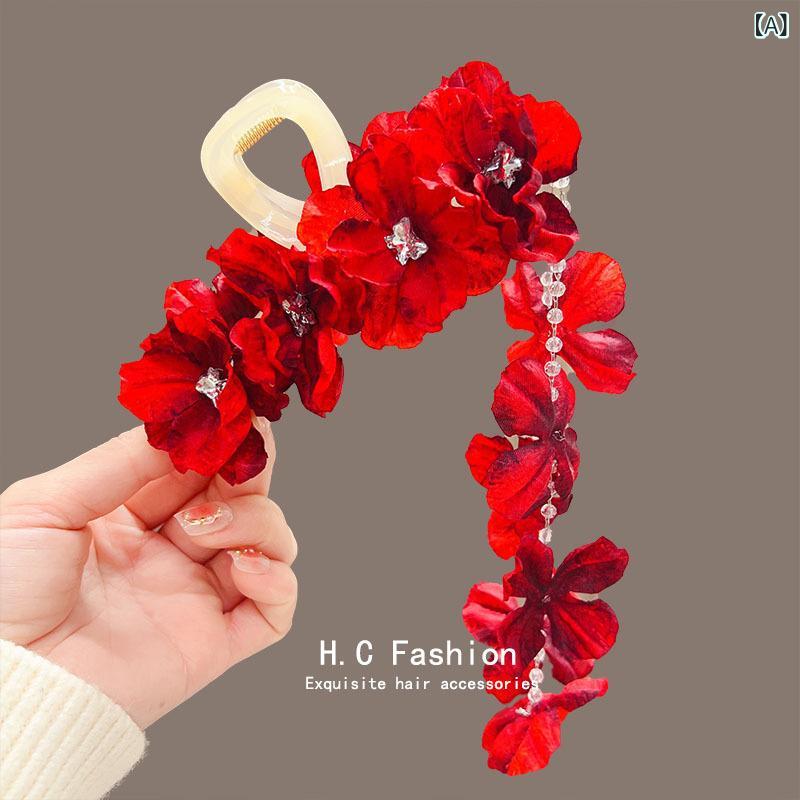 ヘアアクセサリー レディース 大人かわいい 高級感 フラワー タッセル 上品 エレガント フェミニン ハ..