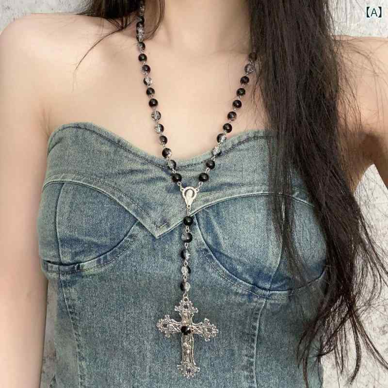ネックレス 男女兼用 ユニセックス ダークゴシック パンクロック ビーズ 十字架 ペンダント ロングネッ..