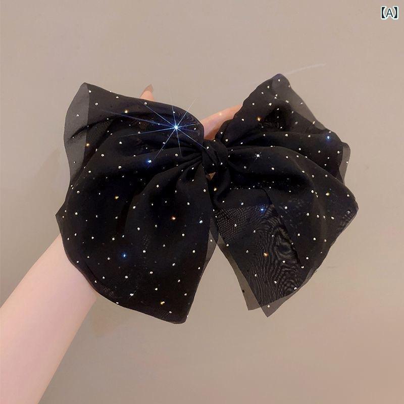 ヘアアクセサリー レディース フレンチ スタードット チュール リボン 蝶結び バレッタ スプリングクリ..