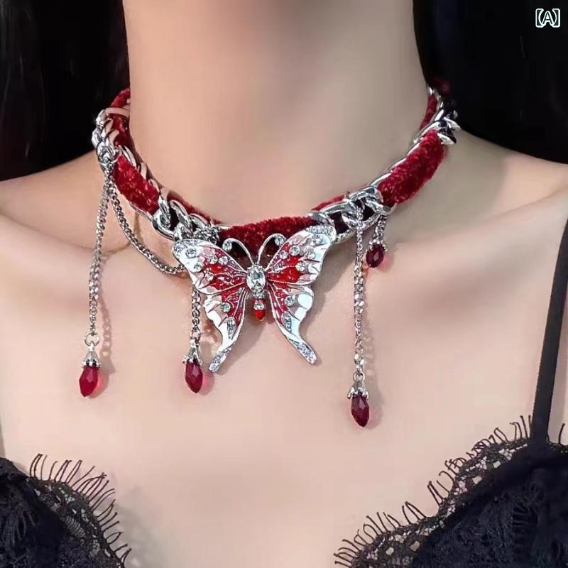 Aquamarine - ネックレス レディース レッドベルベット 蝶々 タッセル 鎖骨丈 甘辛ミックス トレンド おしゃれ 上品 個性的 存在感 性 高級感 チタン鋼 合金製