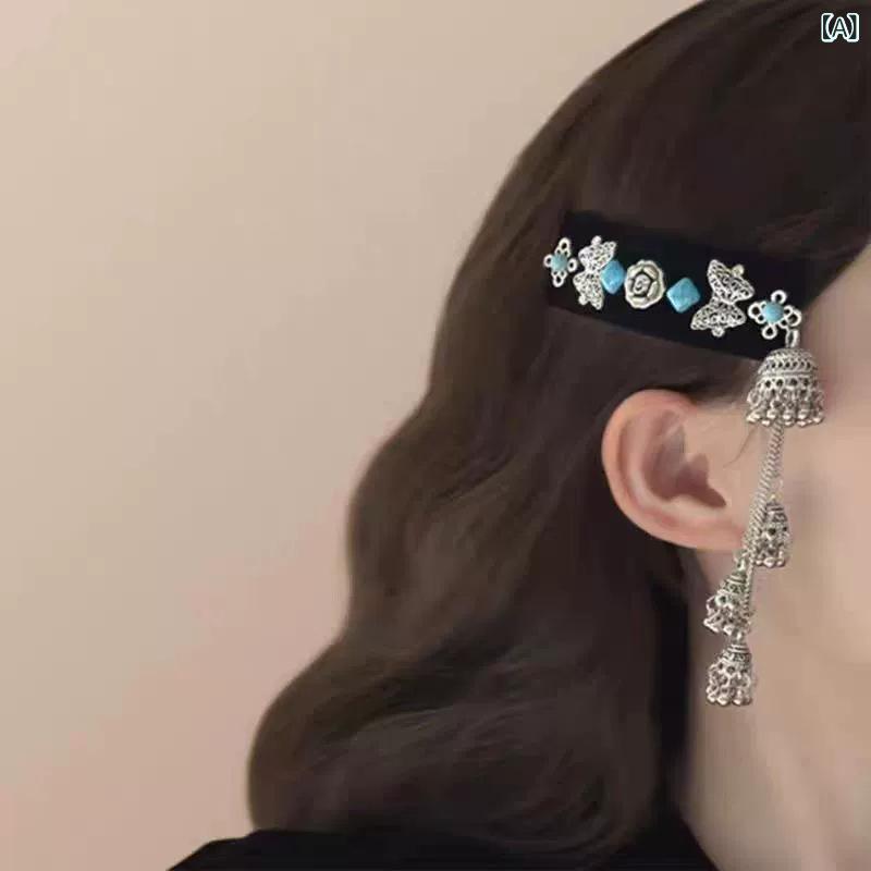 ヘアアクセサリー レディース 民族風 レトロ ヴィンテージ風 薔薇 蝶 流蘇 タッセル ブルーターコイズ ターコイズ ヘアクリップ 前髪クリップ 髪飾り 旅行