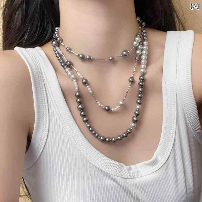 Rakuten - ネックレス ユニセックス ブラック グレー パール バイカラー 高級感 ファッション ロング丈 個性的 ペンダント デイリー 普段使い 合金 電気メッキ 多連 ジオメトリック
