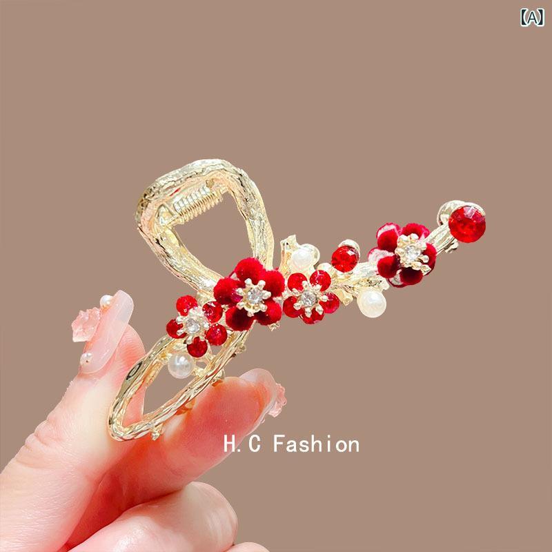 ヘアクリップ レディース 高級感 レッド 赤 植毛梅の花 上品 エレガント スイート バンスクリップ まと..