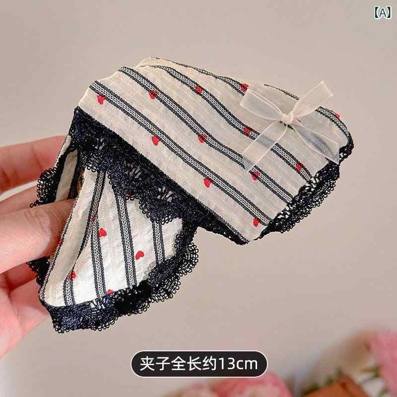 バンスクリップ レディース ストライプ柄 ハート リボン 三角 大ぶり 布製 ヘアクリップ ボリュームアップ まとめ髪 ハーフアップ フェミニン さわやか 髪飾り