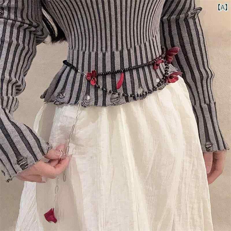 ウエストチェーン レディース レッド ブラック 花モチーフ ビーズ タッセル ボディチェーン 甘辛スタイ..