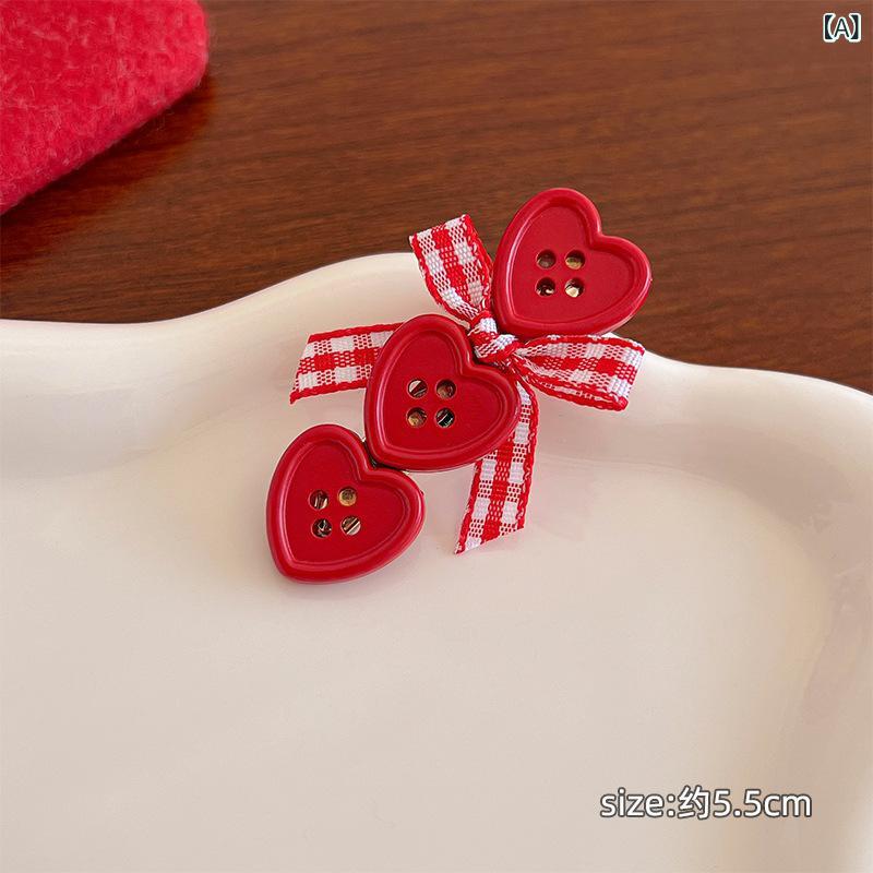 ヘアクリップ レディース ハート ボタン リボン レッド プラスチック製 ダックビルクリップ サイド前髪..