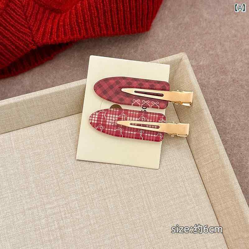 ヘアクリップ レディース レトロ レッド チェック柄 リボン 跡が付かない サイドバング 前髪 ダックビ..