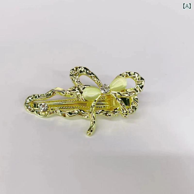 ヘアクリップ レディース 女性用 リボン ジルコニア装飾 サイドクリップ ゴールド 甘辛スタイル 高級感 個性的 上品 万能 普段使い