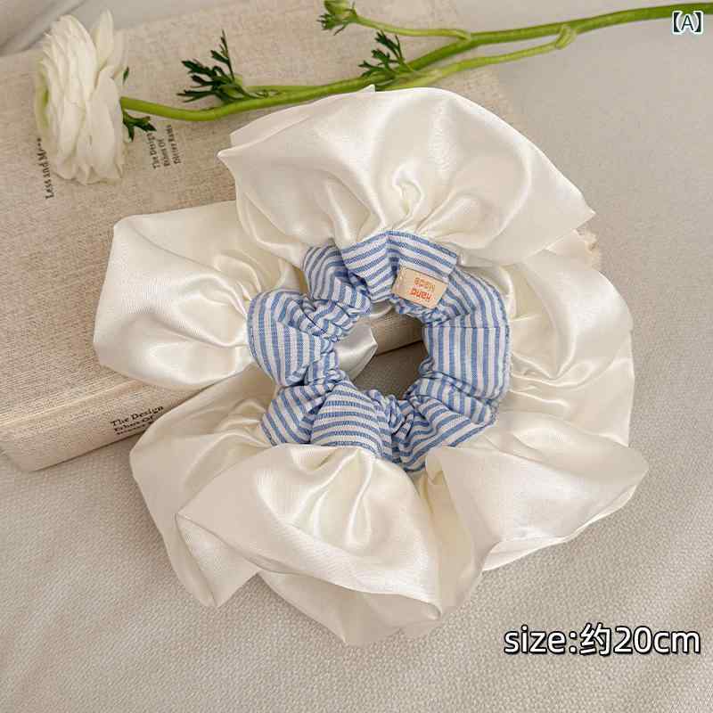 シュシュ レディース バレエ風 サテン フリル ギャザー ブルー ストライプ ヘアゴム おだんごヘア まと..