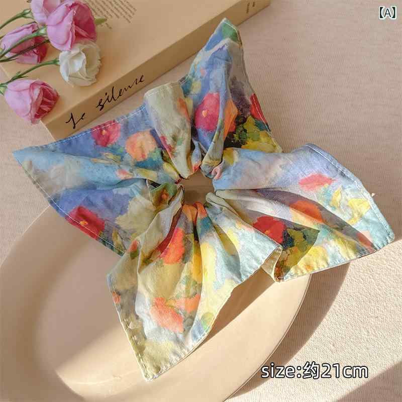 シュシュ レディース 女性用 レトロ 油絵風 花柄 スカーフ付き リボン ボリューム 大きめ 髪に優しい ..