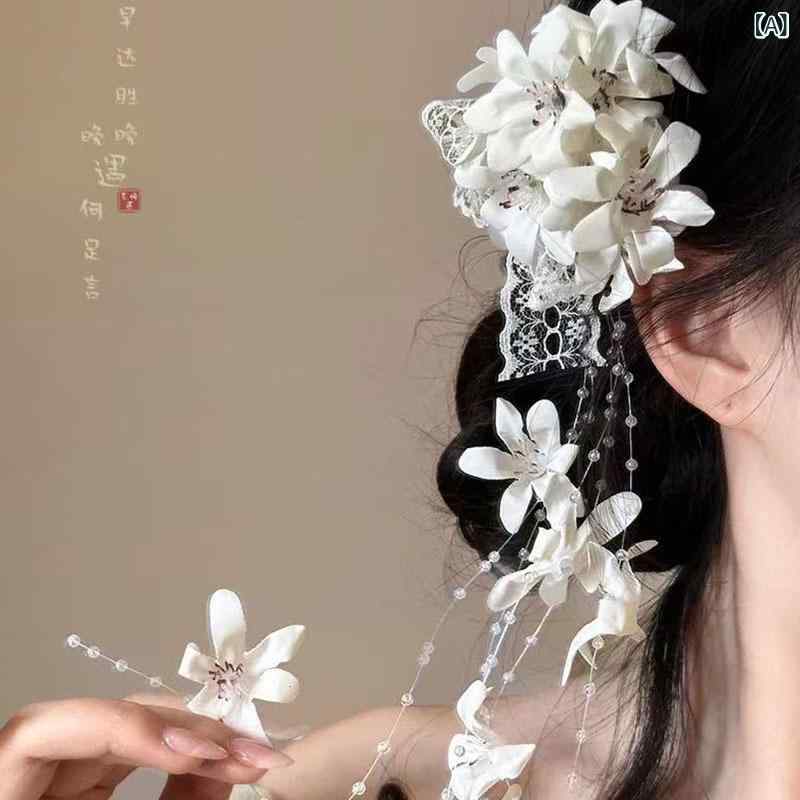 ヘアクリップ レディース スズラン花 リボン タッセル 布製 フェアリー 繊細 上品 森ガール風 サイドク..