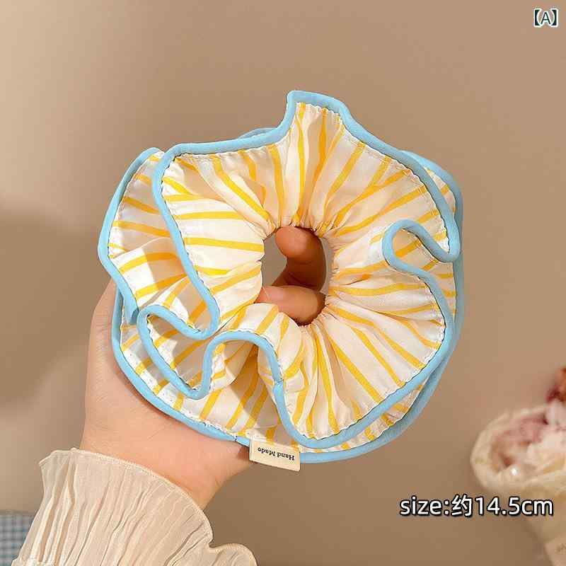 シュシュ レディース イエロー ストライプ 韓国 フレンチ ボリューム ビッグ 高級感 かわいい ヘアアクセサリー お団子ヘア まとめ髪 布製 高弾力